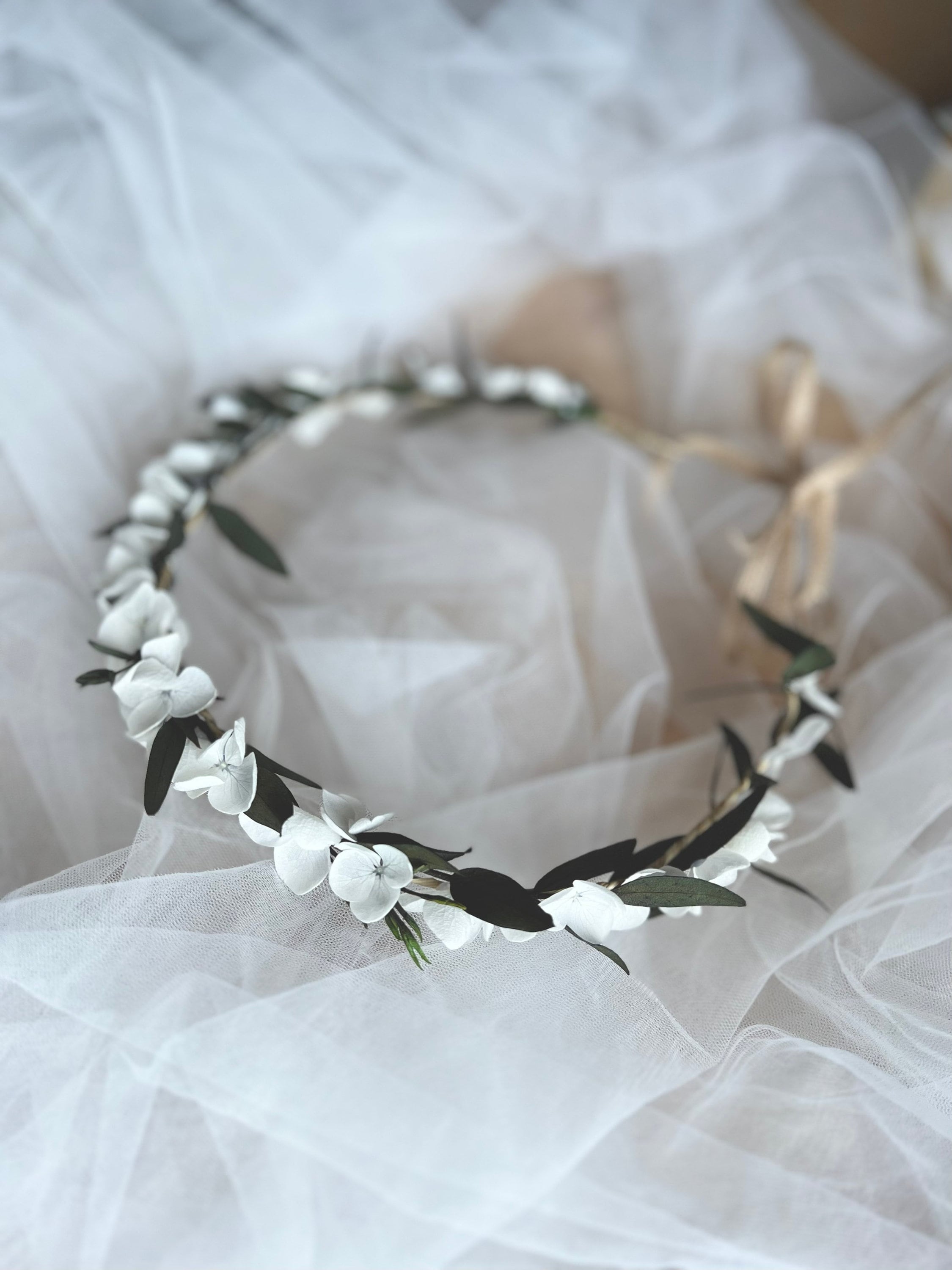 White And Green Wedding Flower Headband, Eucalyptus Minimal