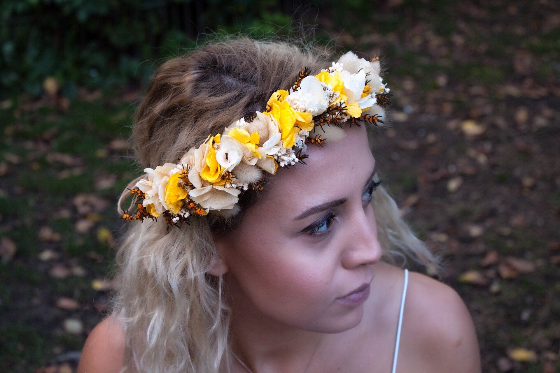 Rustic Wedding Dry Flower Hair Piece Yellow Autumn Bridal Dried Flower Crown Rustic Wedding Headpiece Preserved Hydrangea UK Bridal Set