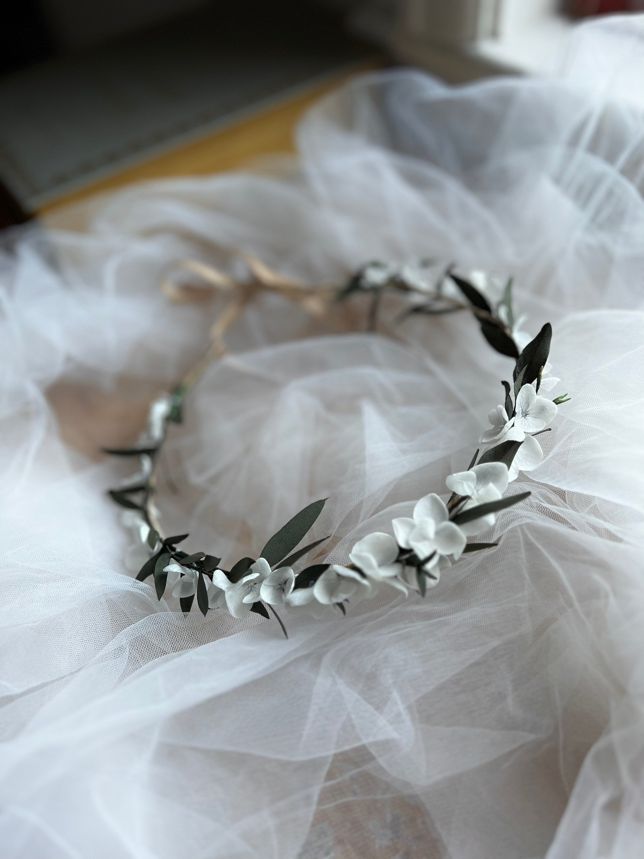 White And Green Wedding Flower Headband, Eucalyptus Minimal Tiny