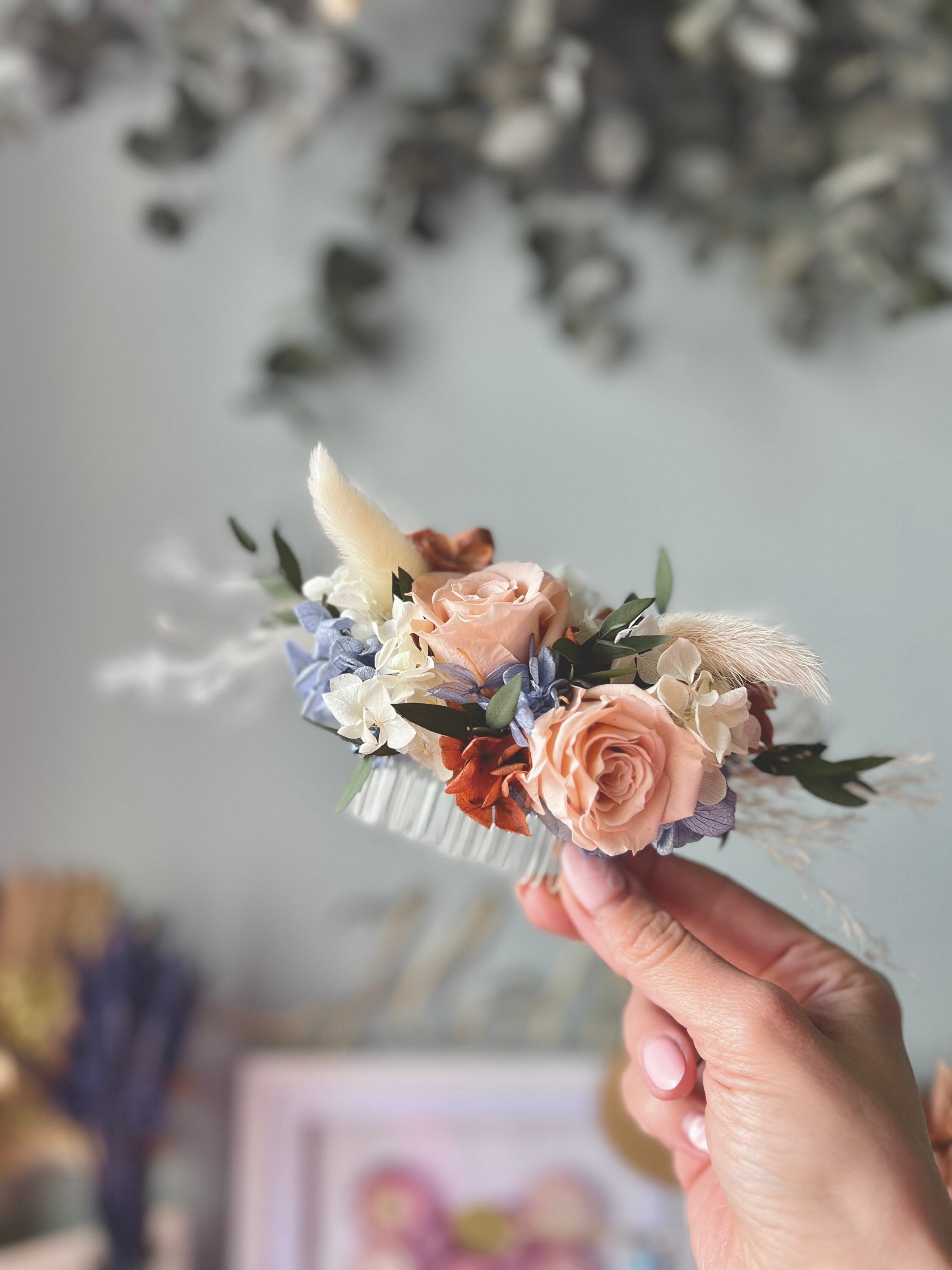 Boho Rustic Wedding Bridal Hair Piece Dried Flower Rose Hair Comb Everlasting Floral Headpiece Blue Peach Orange